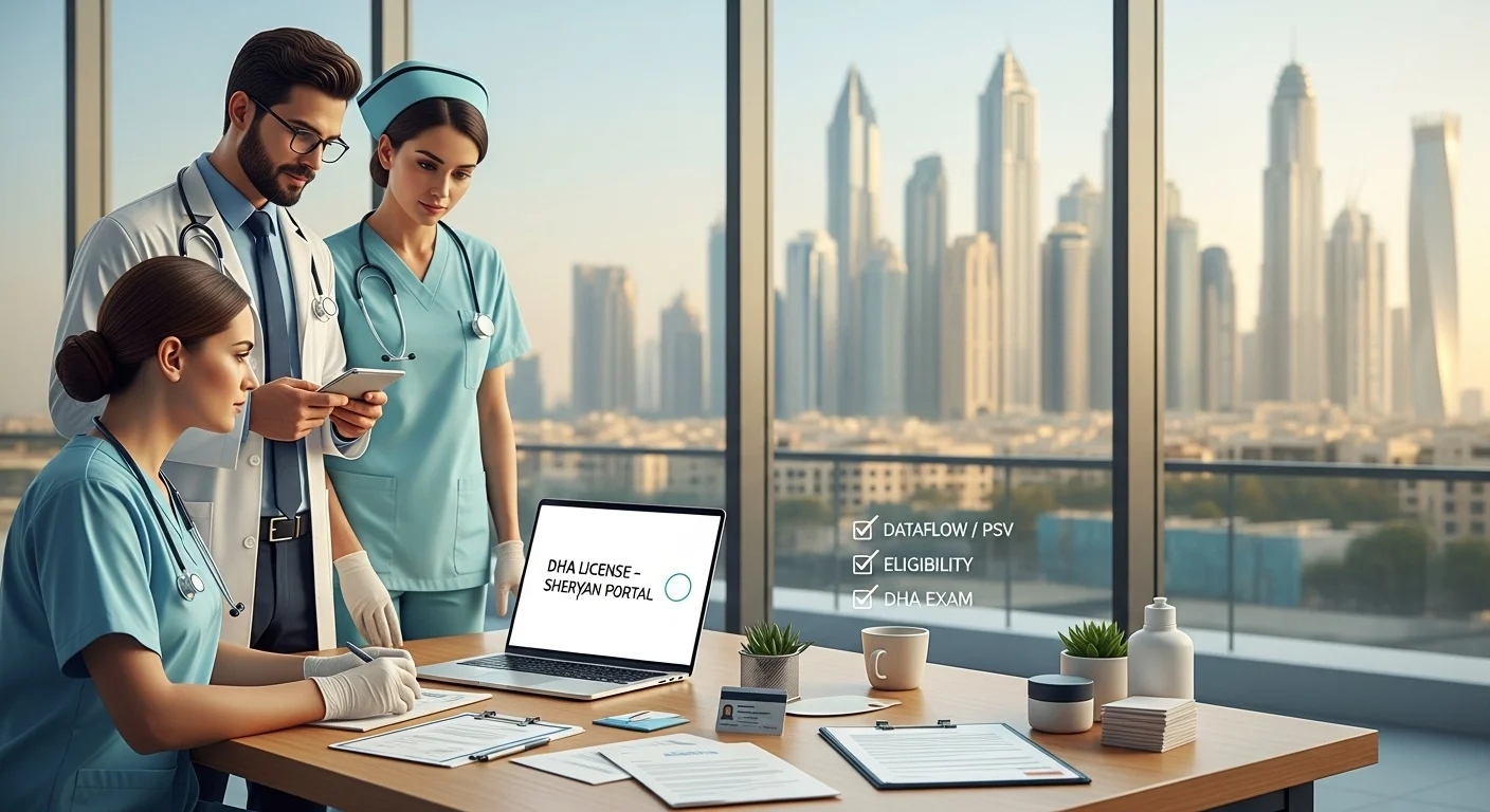 DHA license application, Dataflow and exam process illustration